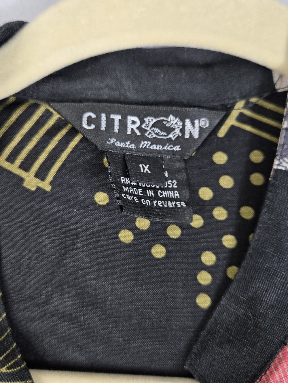 Citron Black Asian Print Silk Linen Blazer Open Front Banded Collar Womens 1X - Picture 3 of 15